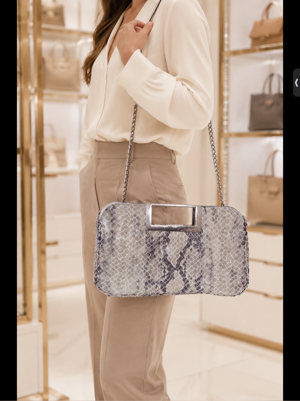 ::Michael Kors Snake-Print Chain Crossbody in Gray and Cream